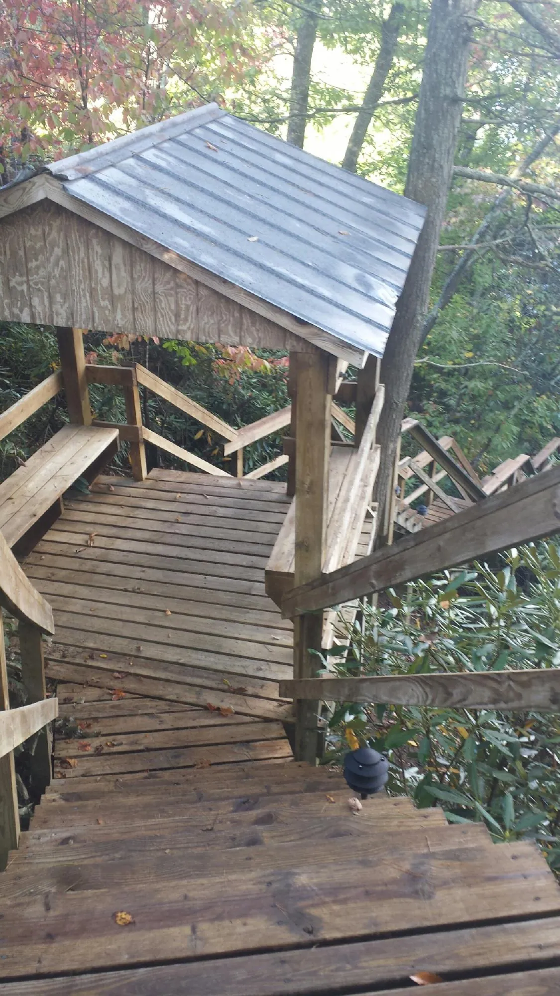 Metal roofed shelter over wooden steps on a wooded walkway — Skylight Repair & Installation work by our crew in Alleyton
